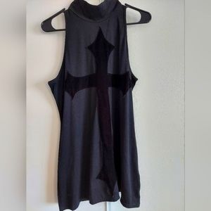 NECESSARY EVIL Black Sleeveless Tunic Shirt with Gothic Velvet Cross Size XL